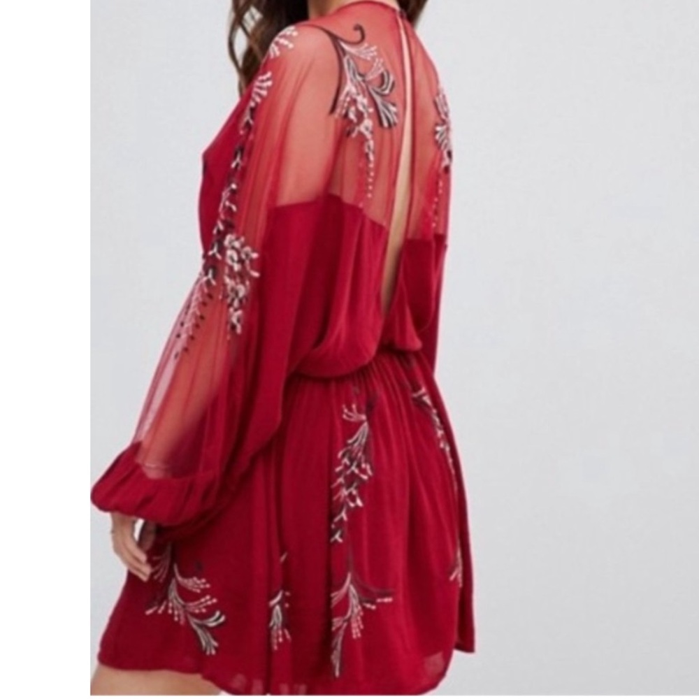 Free People Bonjour Floral Embroidered Long Sleeve Mini Dress Size Small Red - Picture 4 of 13